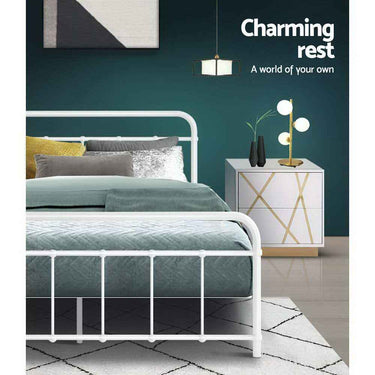 Sturdy White Metal Double Bed Frame - Modern Country Style
